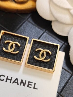 18K CC Black Square Earrings