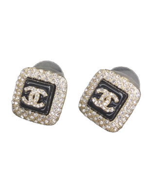 18K CC Diamond Square Black Earrings