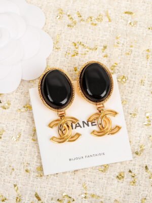 18K CC Black Crystal Pendant Earrings