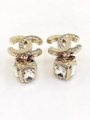 18K CC Square Crystal Pendant Earrings