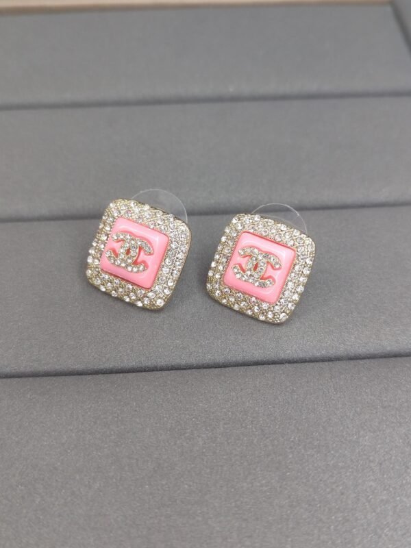 18K CC Diamond Square Pink Earrings
