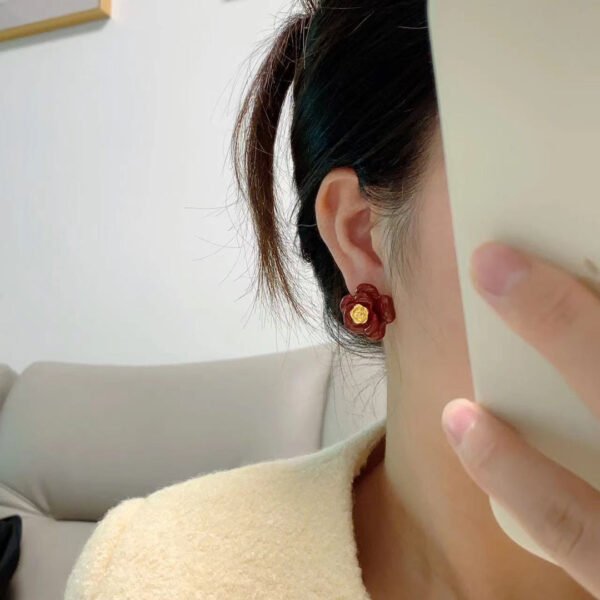 18K CC Red Camellia Resin Earrings