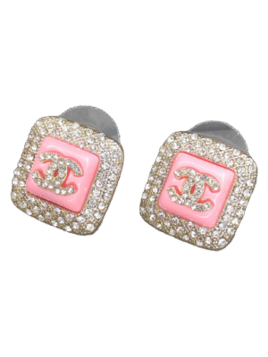 18K CC Diamond Square Pink Earrings