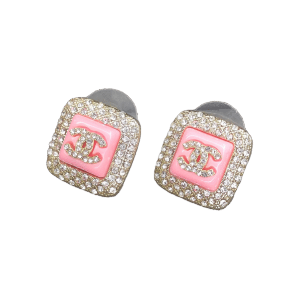 18K CC Diamond Square Pink Earrings
