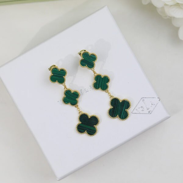18K Magic Alhambra Three Malachite Motifs Clover Earrings