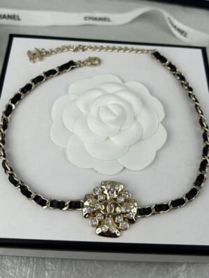 18K CC Black Leather Flower Necklace