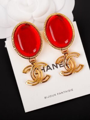 18K CC Red Crystal Pendant Earrings