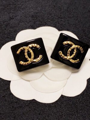 18K CC Black Resin Square Earrings