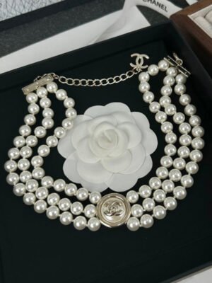 18K CC Choker Pearl Chain Necklace