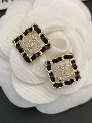 18K CC Square Leather Earrings