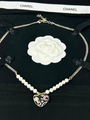 18K CC Pink & Black Heart Pearl Necklace