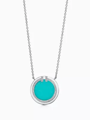 18K T Diamond & Turquoise Circle Pendant Necklace