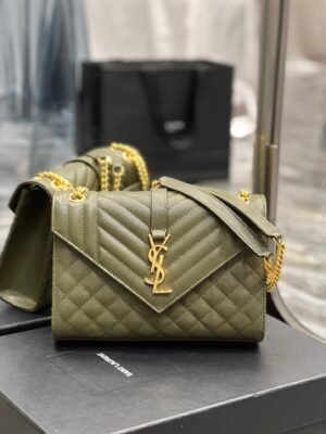 YSSL Envelope Medium Chain Bag Dark Green For Women, Women’s Bags 9.4in/24cm YSL